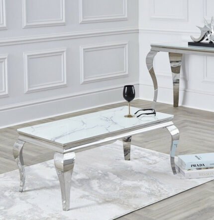 Table basse argentée marbre blanc BAROQUE