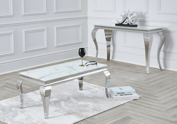 Table basse argentée marbre blanc BAROQUE