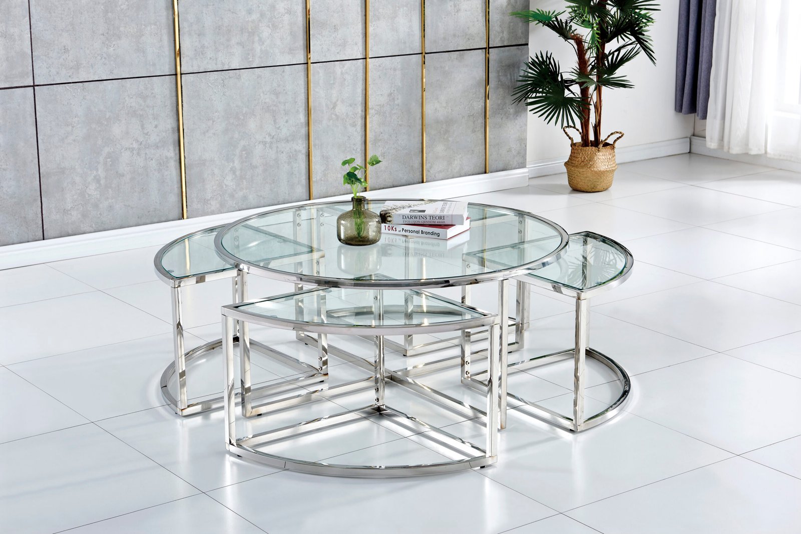 Table Basse carrée SMART plateau en verre trempé pieds dorée en acier  inoxydable et 4 tables d'appoints