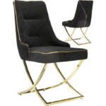 Lot de 2 chaises de salle à manger design revêtement en velours noir et piètement en acier inoxydable doré L.48 x P. 56 x H. 95 cm collection LAVIDA