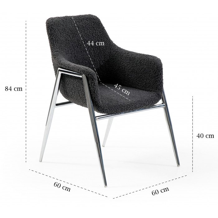 Chaise salle à manger design revêtement en tissu bouclette gris foncé avec piètement en acier argenté collection METZ L. 60 x P. 60 x H. 84 cm