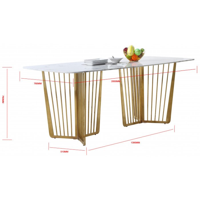 Table de salle à manger design avec plateau en marbre blanc et pieds en acier doré L. 200 x P. 76 x H. 76 cm Collection FASTRO