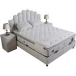 Ensemble de lit coffre 160x200 en tissu boucelette blanc avec un matelas à ressorts ensachés 7 zones de confort de la collection ATHENA