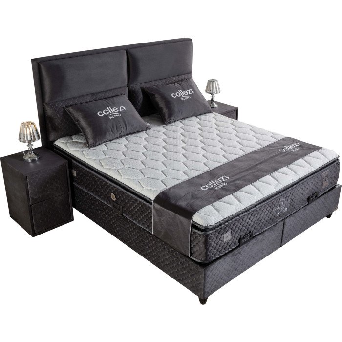 Ensemble de lit coffre 160x200 en velours gris avec un matelas à ressorts ensachés 7 zones de confort de la collection AMSTERDAM