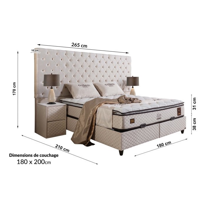 Ensemble de lit coffre 180x200 en velours beige avec un matelas à ressorts ensachés 7 zones de confort de la collection SYDNEY