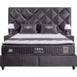 Ensemble de lit coffre 180x200 en velours gris avec un matelas à ressorts ensachés 7 zones de confort de la collection LAS VEGAS
