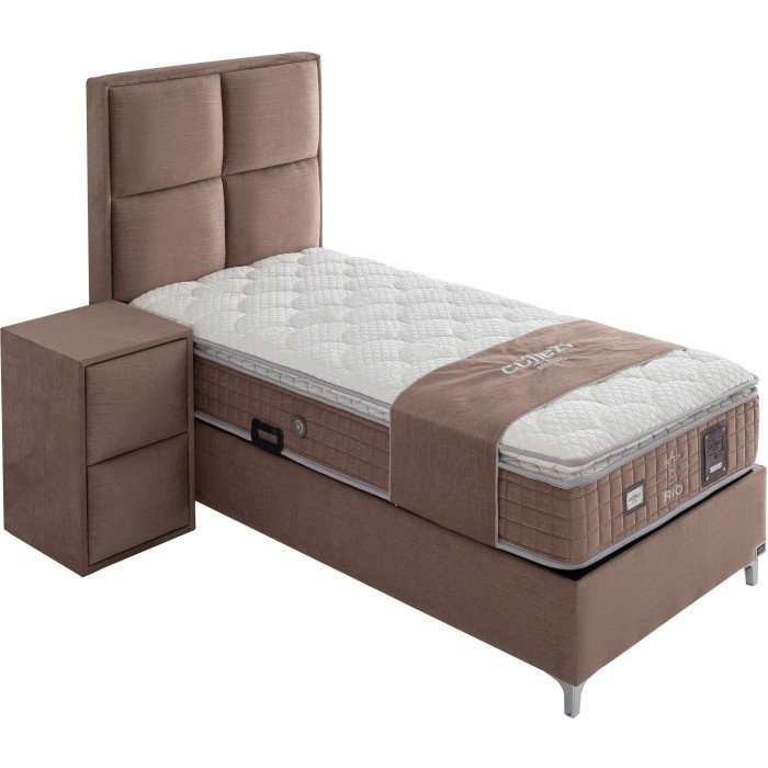 Ensemble de lit coffre 90x200 en velours marron avec un matelas à ressorts ensachés 7 zones de confort de la collection RIO
