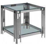 Table d'appoint design en acier inoxydable poli argenté et plateau en verre trempé transparent L. 55 x P. 55 x H. 55 cm collection MILANO
