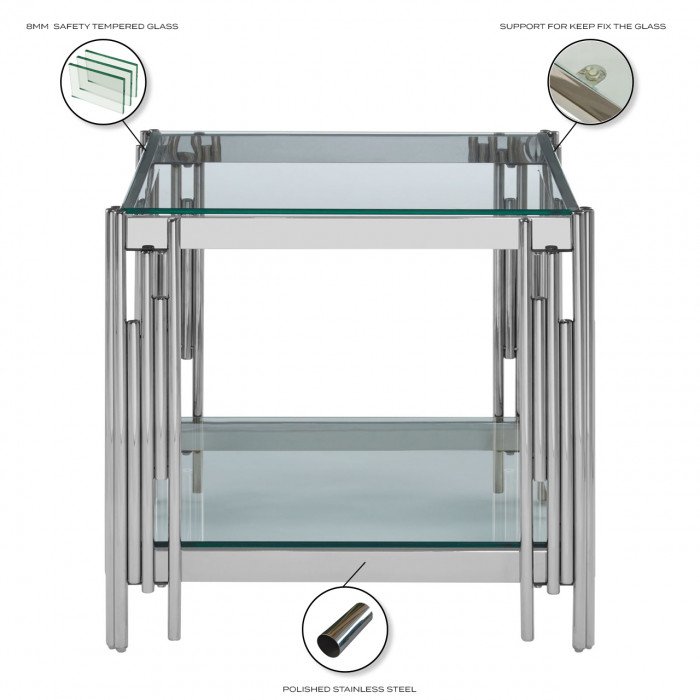 Table d'appoint design en acier inoxydable poli argenté et plateau en verre trempé transparent L. 55 x P. 55 x H. 55 cm collection MILANO