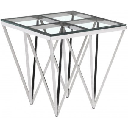 Table d'appoint design en acier inoxydable poli argenté et plateau en verre trempé transparent L. 55 x P. 55 x H. 52 cm collection VERONA