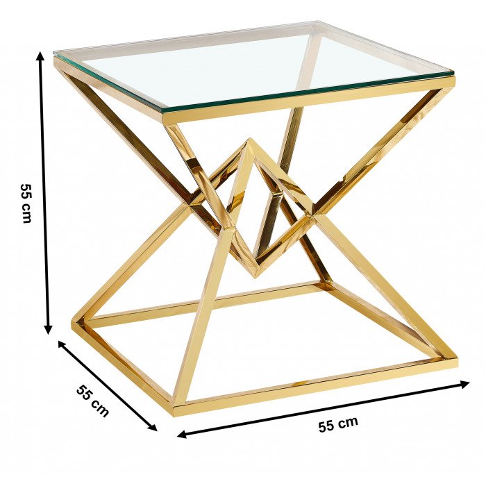 Table d'appoint design en acier inoxydable poli doré et plateau en verre trempé transparent L. 55 x P. 55 x H. 55 cm collection PARMA