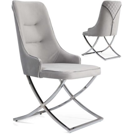 Lot de 2 chaises de salle à manger design en velours coloris Gris clair avec piètement en acier argenté collection ADORE L. 40 x P. 56 x H. 93 cm