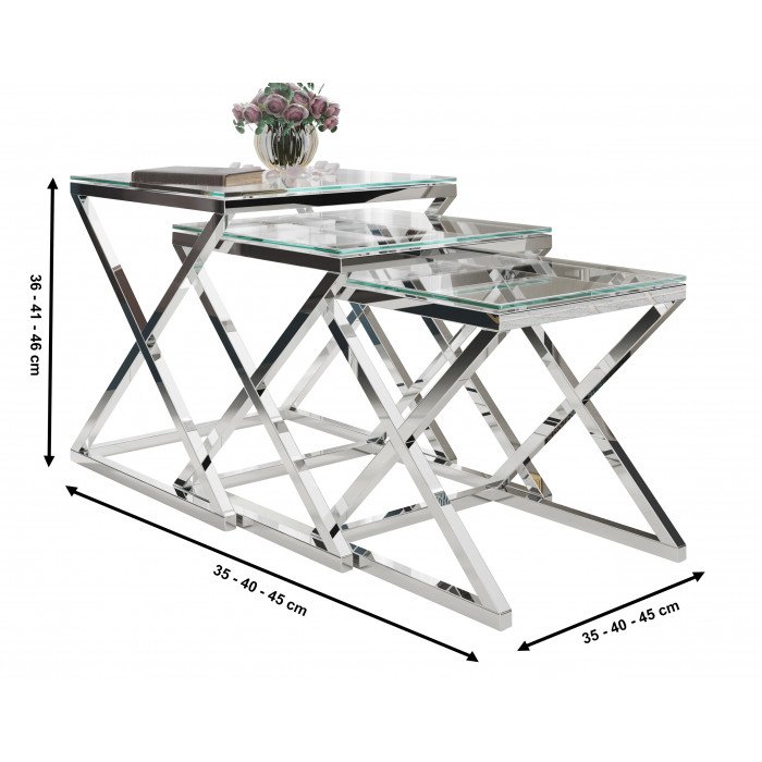 Ensemble de 3 tables gigognes design en acier inoxydable argenté avec plateau en verre trempé transparent Collection Pesaro L. 35-40-45 x P. 35-40-45 x H. 36-41-46 cm