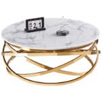 Table basse design rond avec piètement en acier inoxydable poli doré et plateau en marbre artificiel blanc L. 100 x H. 43 cm collection ENRICO