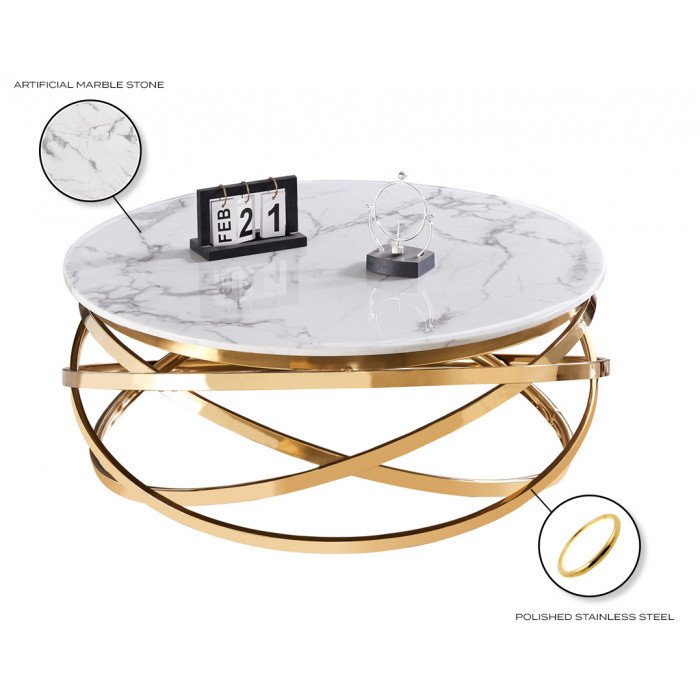 Table basse design rond avec piètement en acier inoxydable poli doré et plateau en marbre artificiel blanc L. 100 x H. 43 cm collection ENRICO