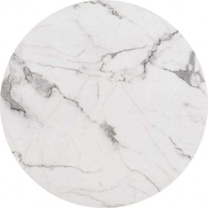 Table basse design rond avec piètement en acier inoxydable poli argenté et plateau en marbre artificiel blanc L. 100 x H. 43 cm collection ENRICO