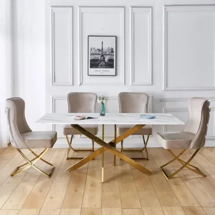 table à manger ALIA marbre pieds dorés et 4 chaises velours beige