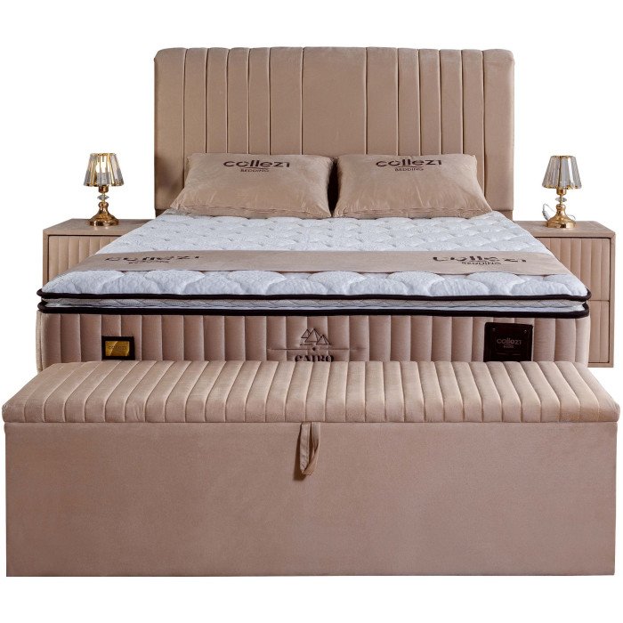 Banc bout de lit coffre avec rangement coloris beige design en velours L. 170 x P. 41 x H. 45 cm collection CAIRO
