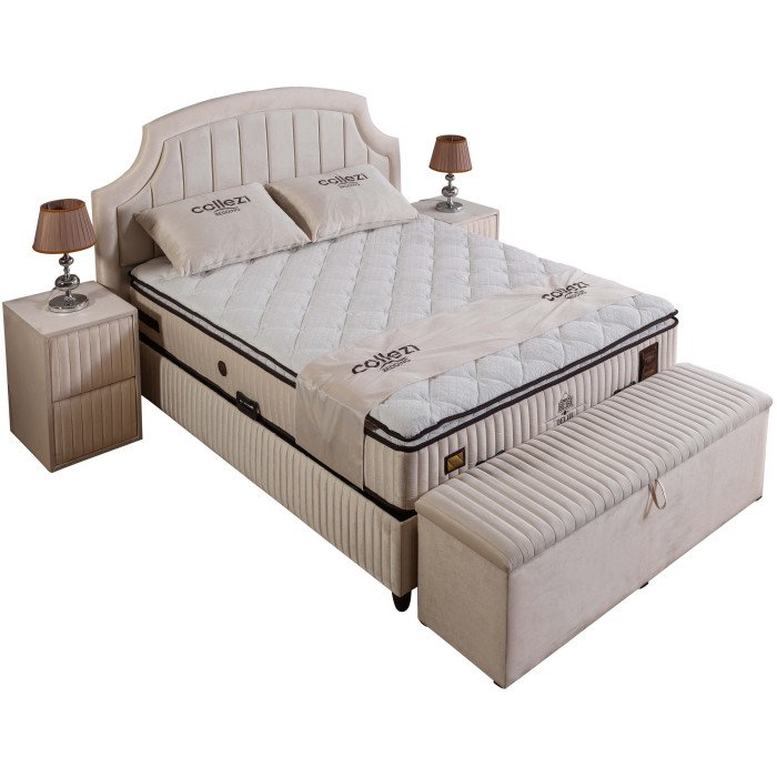 Banc bout de lit coffre avec rangement coloris beige design en velours L. 170 x P. 41 x H. 45 cm collection DELHI