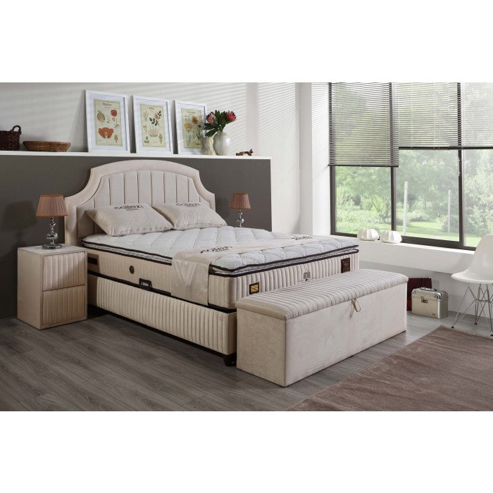 Banc bout de lit coffre avec rangement coloris beige design en velours L. 170 x P. 41 x H. 45 cm collection DELHI