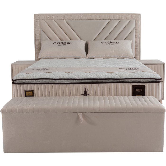 Banc bout de lit coffre avec rangement coloris beige design en velours L. 170 x P. 41 x H. 45 cm collection DUBAI