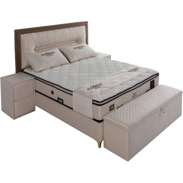Banc bout de lit coffre avec rangement coloris beige design en velours L. 170 x P. 41 x H. 45 cm collection GENEVA
