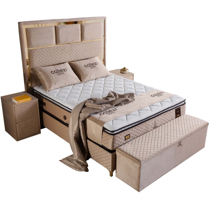 Banc bout de lit coffre avec rangement coloris beige design en velours L. 170 x P. 41 x H. 45 cm collection PARIS
