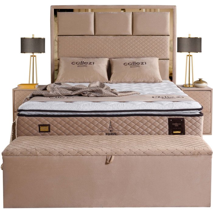 Banc bout de lit coffre avec rangement coloris beige design en velours L. 170 x P. 41 x H. 45 cm collection PARIS