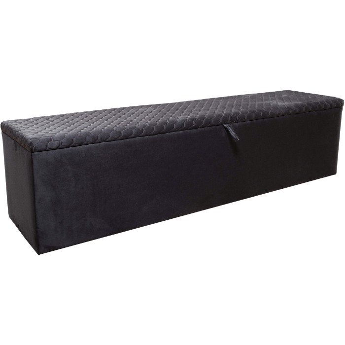 Banc bout de lit coffre avec rangement coloris gris design en velours L. 150 x P. 41 x H. 45 cm collection AMSTERDAM
