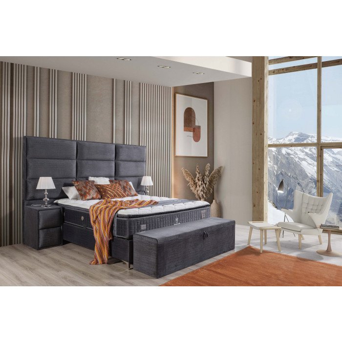Banc bout de lit coffre avec rangement coloris gris design en velours L. 150 x P. 41 x H. 45 cm collection MOSCOW