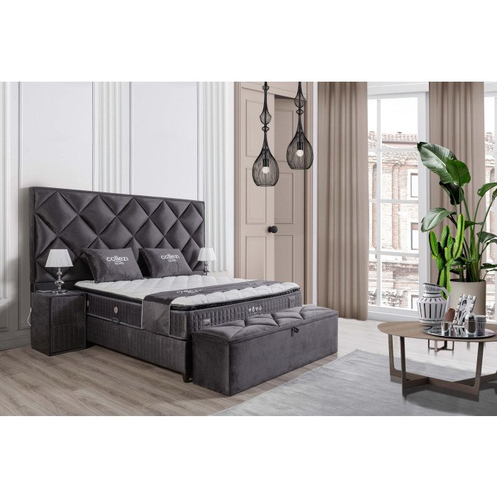 Banc bout de lit coffre avec rangement coloris gris design en velours L. 170 x P. 41 x H. 45 cm collection LAS VEGAS