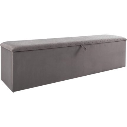 Banc bout de lit coffre avec rangement coloris gris design en velours L. 170 x P. 41 x H. 45 cm collection PARIS