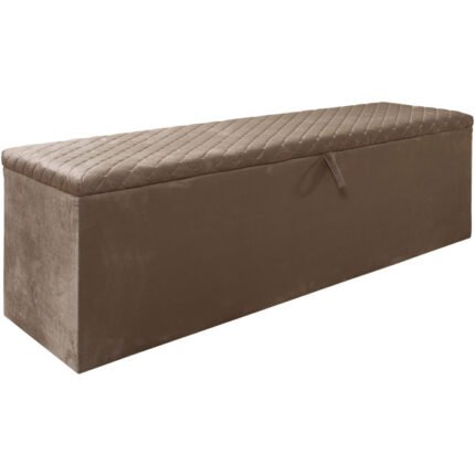 Banc bout de lit coffre avec rangement coloris taupe design en velours L. 170 x P. 41 x H. 45 cm collection MILANO