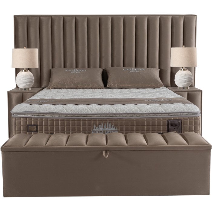 Banc bout de lit coffre avec rangement coloris beige design en velours L.  170 x P. 41 x H. 45 cm collection GENEVA