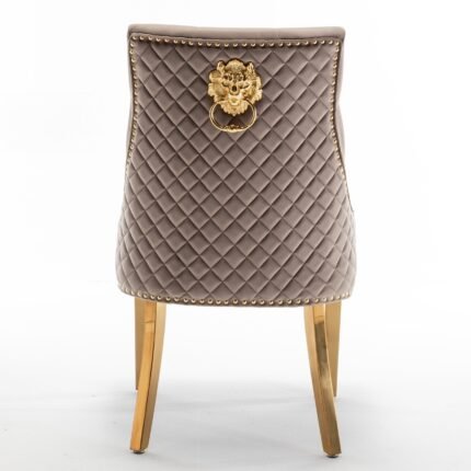 Chaise Design Cloute Tête De Lion Matelassée pieds dorée en acier inoxydable Moka