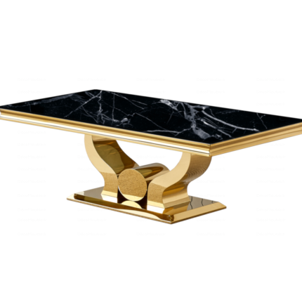 Table Basse TROPHEE plateau marbre couleur noir pieds dorée en acier inoxydable