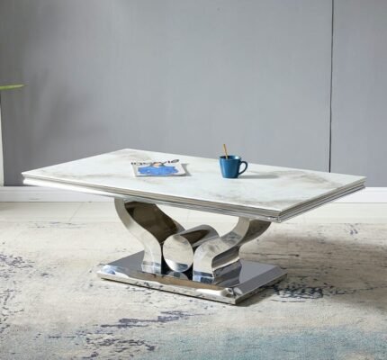 Table Basse TROPHEE plateau marbre couleur blanc pieds argentés en acier inoxydable