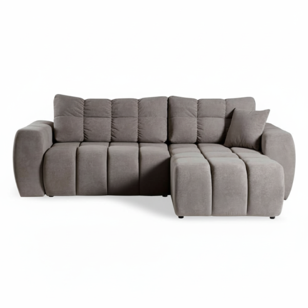 Canapé d’angle convertible en tissu Taupe, fonction couchage et coffre intégré